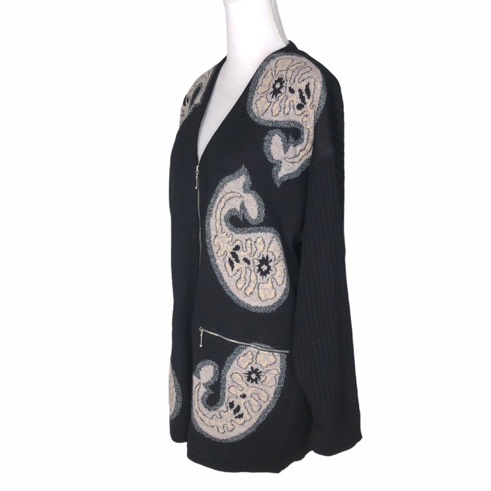 Rodier paisley zipper vintage cardigan sweater large tan black v-neck